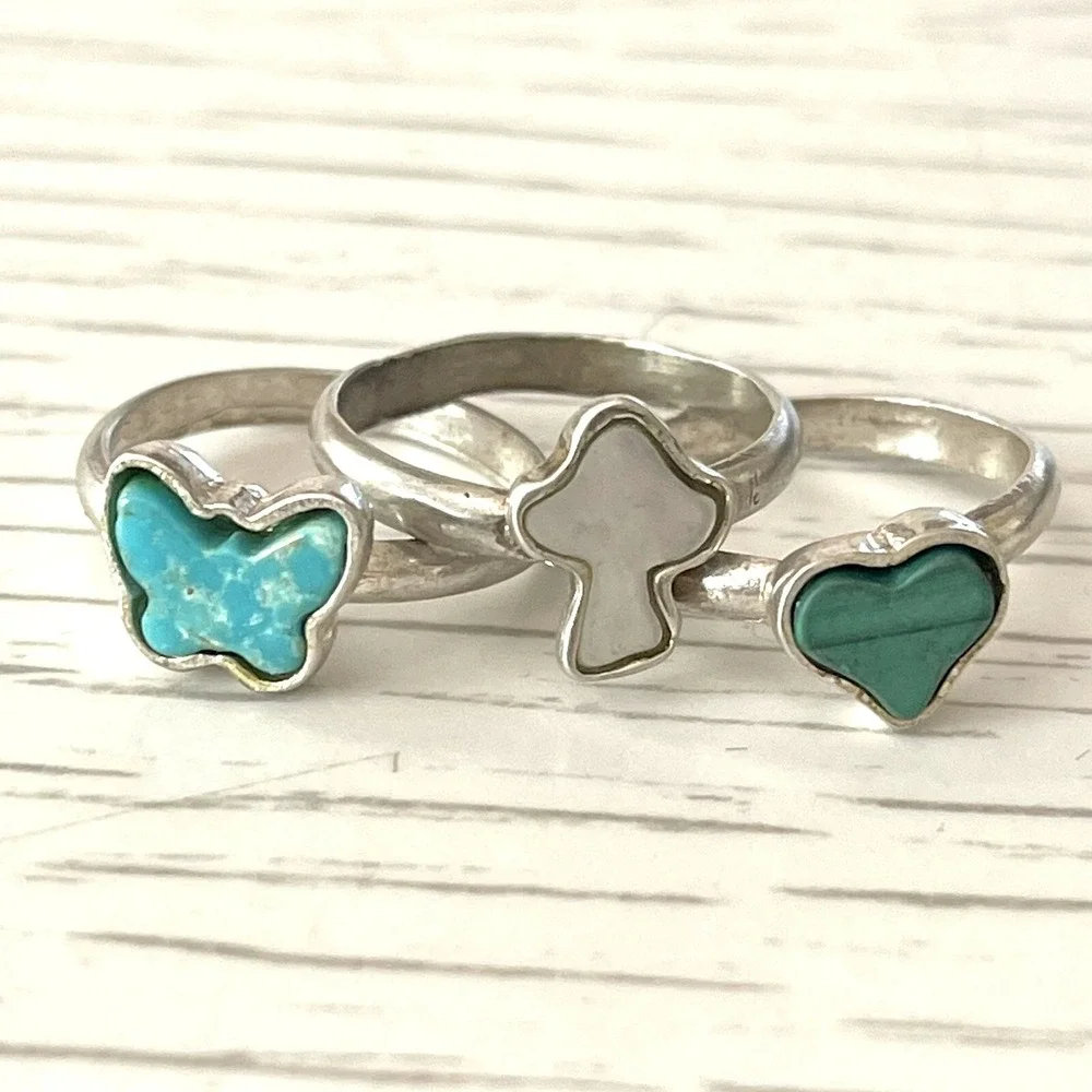 Turquoise Ring Lot 1960s MCM Mushroom Butterfly 5.5 Stackable VTG Sterling
